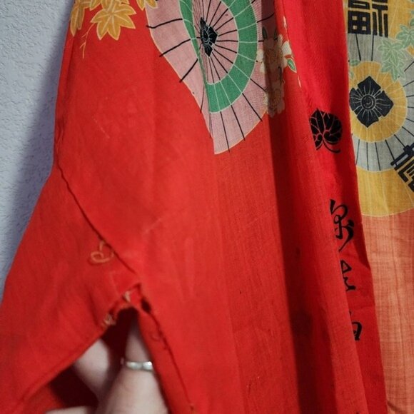 ANTIQUE 1930's‎ Japanese Kimono Yuzen Zome floral Wagasa print in red 30's - Picture 8 of 16